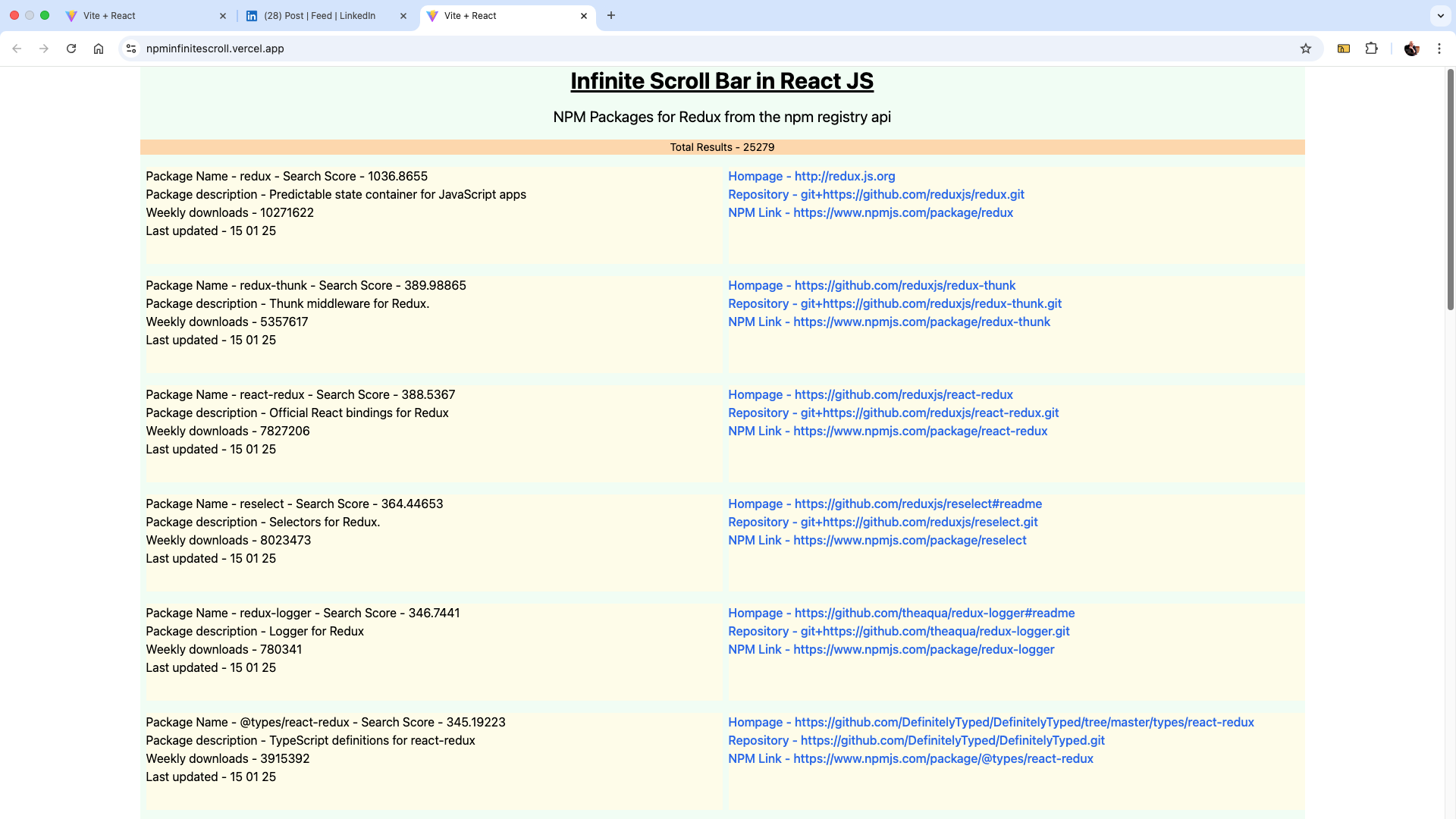 NPM Registry Api Infinite Scroll